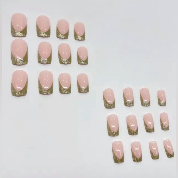 ⚠️SOLD⚠️ 24 Green & Gold Glitter French Manicure Short Square Press On Nails - Picture 2 of 4